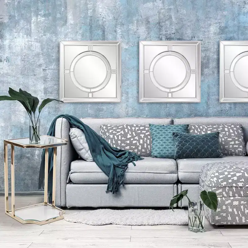Howard Elliott 20"x20" Square Wall Mirror: Champagne Silver Leaf Trim, Art Deco Style, Wall Mount