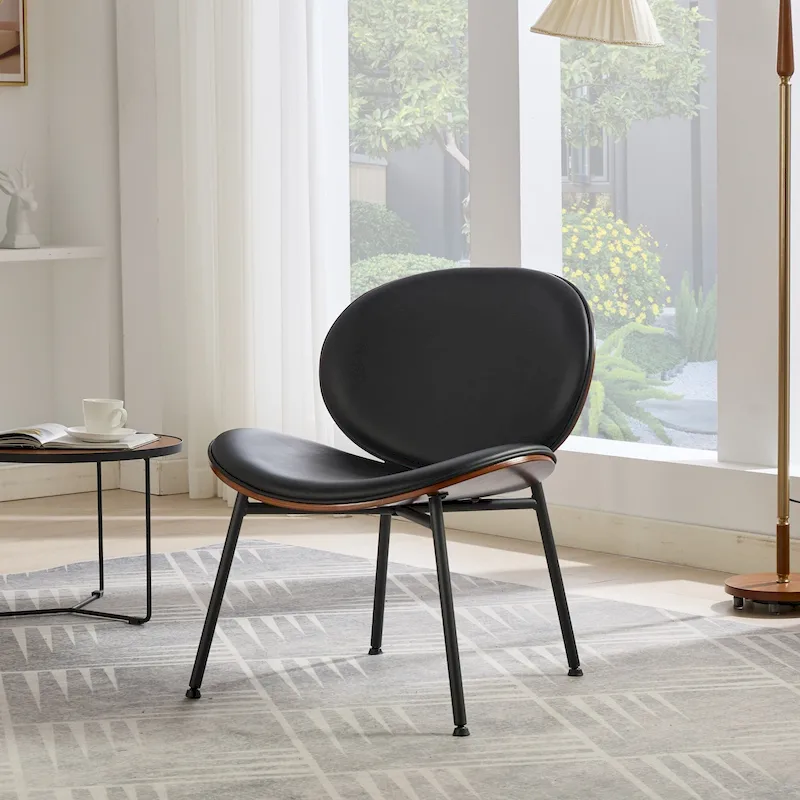 Black PU Leather Accent Chair, Walnut Finish, Single Seat