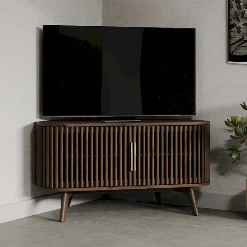 Dark Walnut & Brass Corner TV Stand – Mid-Century Style, 1-Person Assembly