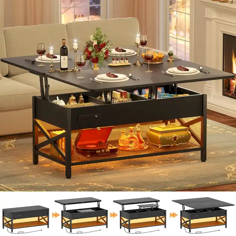 Modern Black Expandable Lift Top Coffee Table Converts to Dining Table with LED Light and Power Outlet
