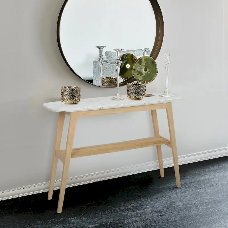 Castello 43" Rectangular Italian Carrara White Marble Console Table with Shelf - 43"L x 12"W x 31"H - 43"L x 12"W x 31"H