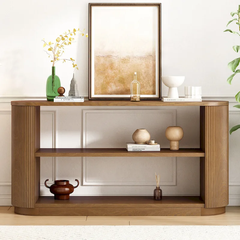 Modern Entryway Console Table with Open Shelves & Fluted Ash Wood Veneer Design