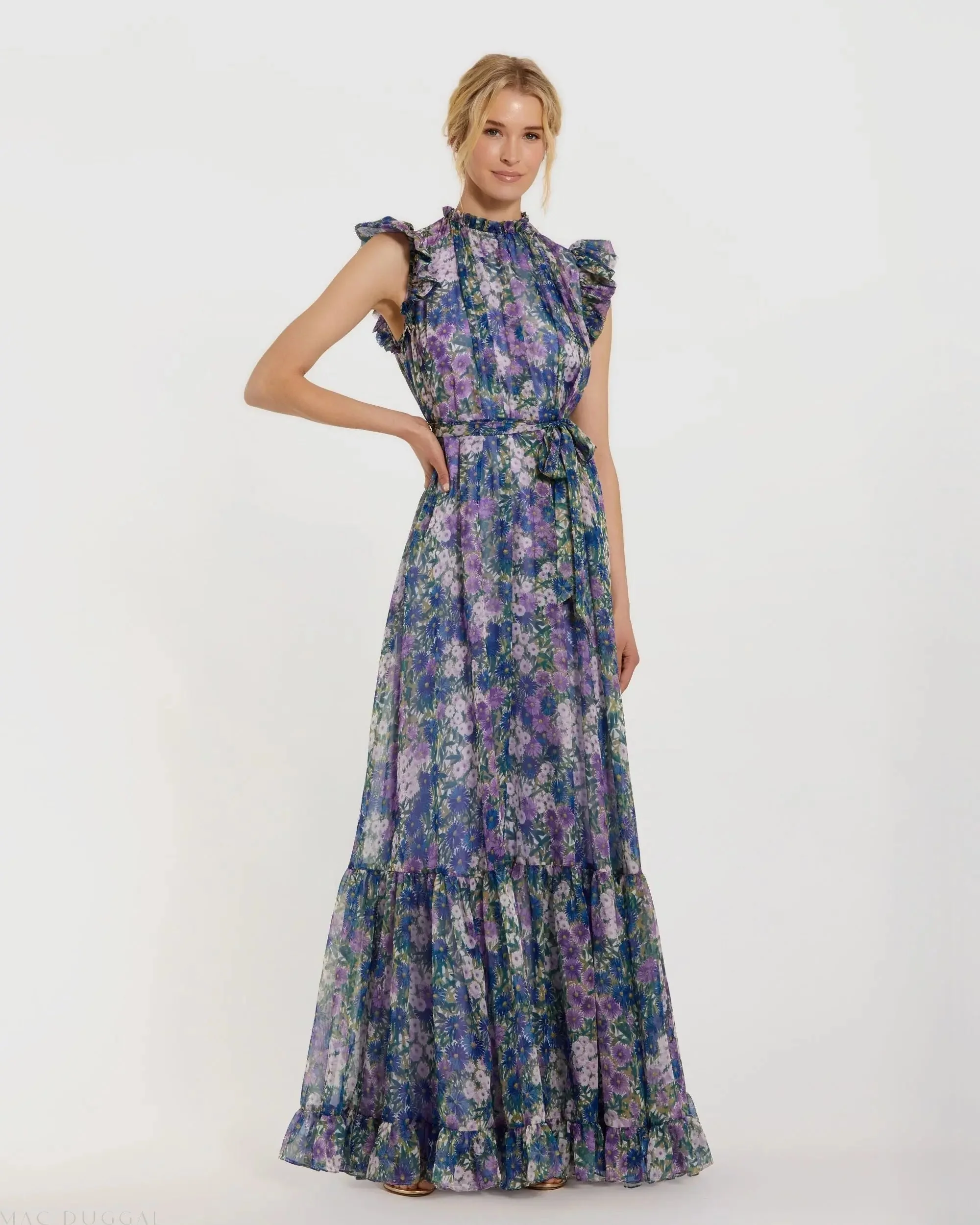 Purple Printed Chiffon Ruffle Sleeve Gown With Bow Belt