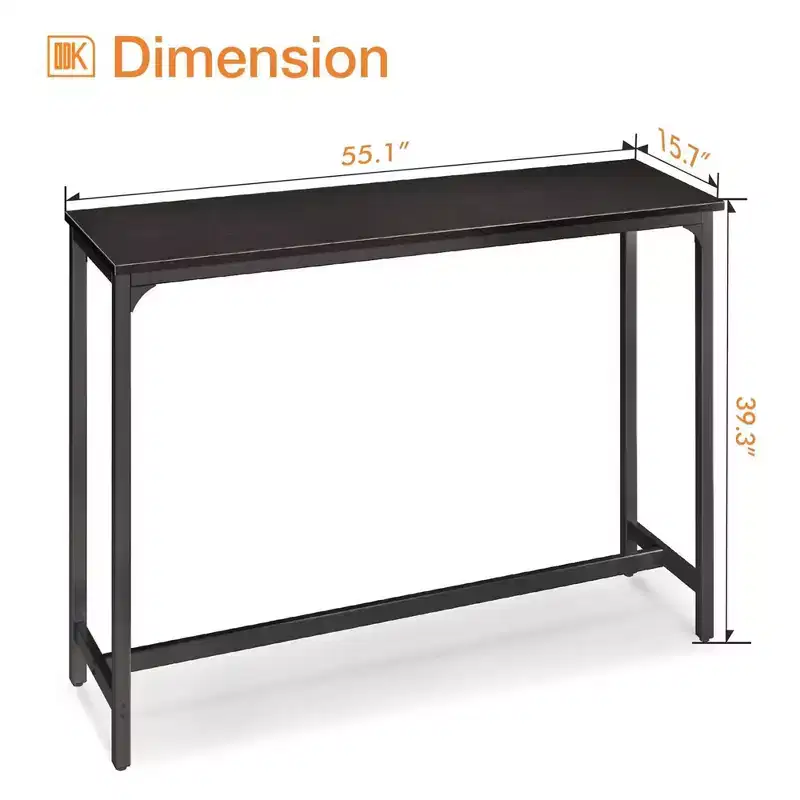 ODK 55 Inch Rectangular Modern Bar Height Narrow Pub, Kitchen, and Dining Table with Metal Legs, Easy to Clean Top, and Fast Assembly, Black