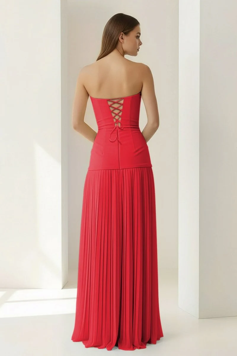 Blue Strapless Sheath Chiffon Pleated Long Prom Dresses