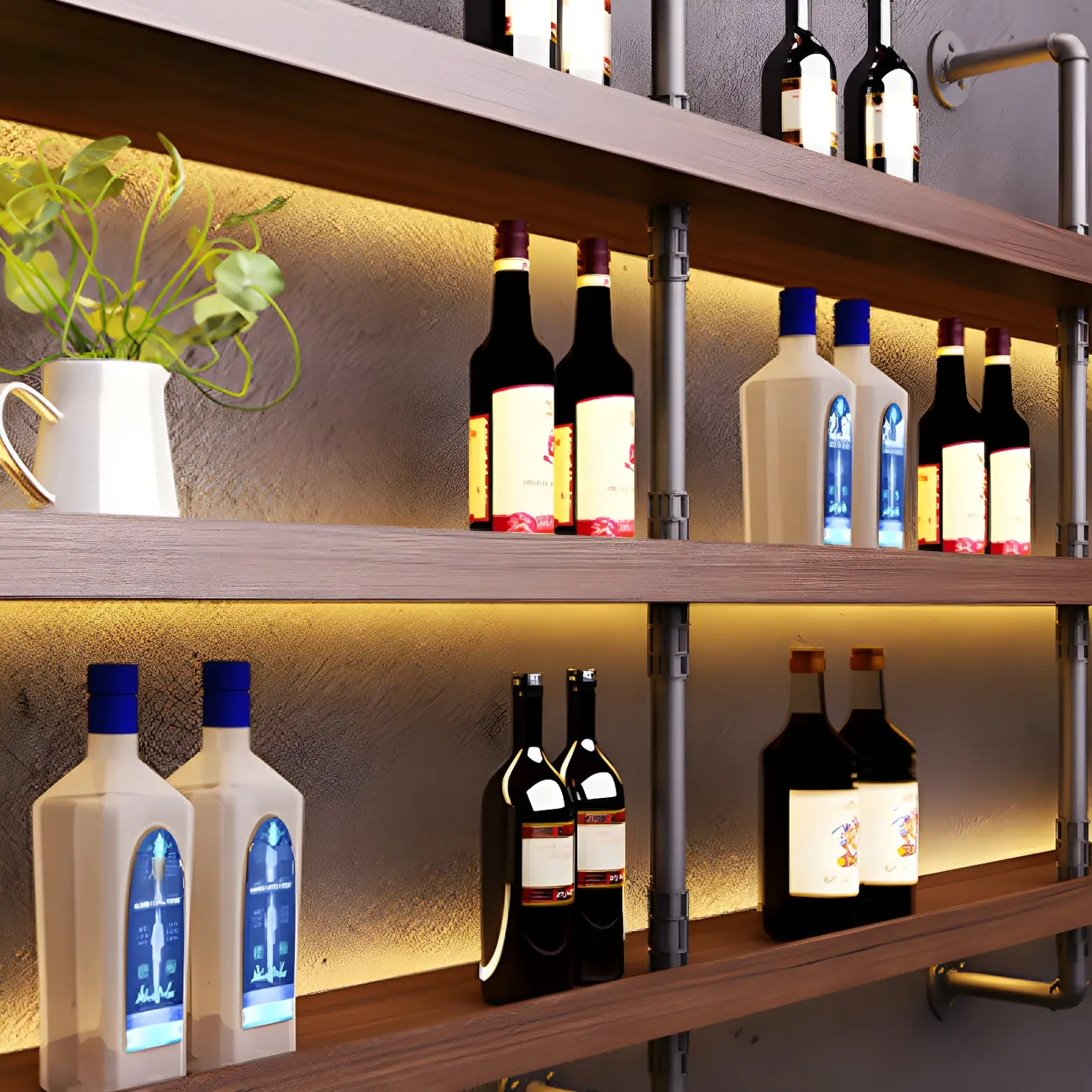 Brown Pine Wood Wall-Mounted Wine Rack with Light