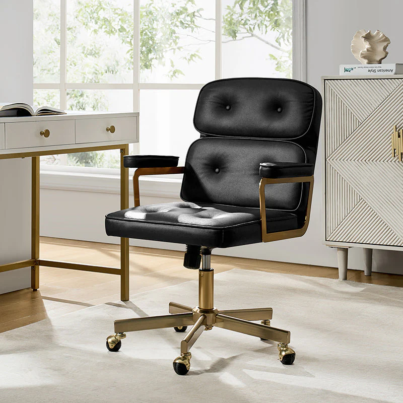 PU Leather Swivel Office Chair with Reclining Back, Gold Legs & Globe Casters | Camel / Ivory / Sage / Black | Single Seat
