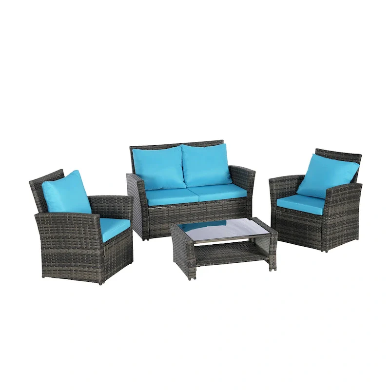 4-Piece Rattan Conversation Sofa Set with Glass Table