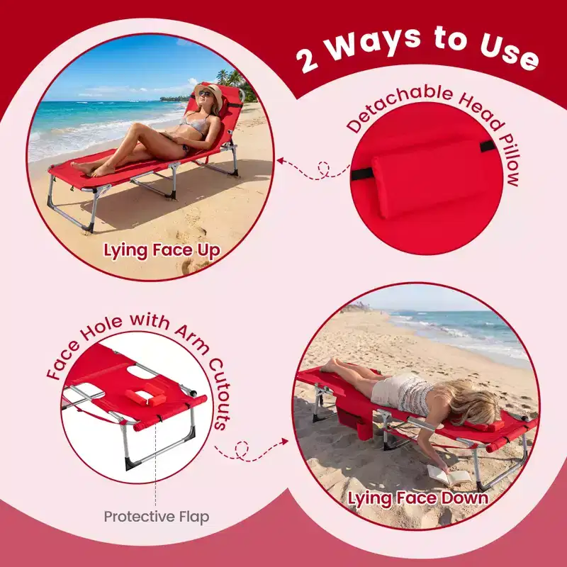 Gymax Tanning Chair w/ Face Arm Holes 4-Level Backrest & Head Pillow Side Pocket