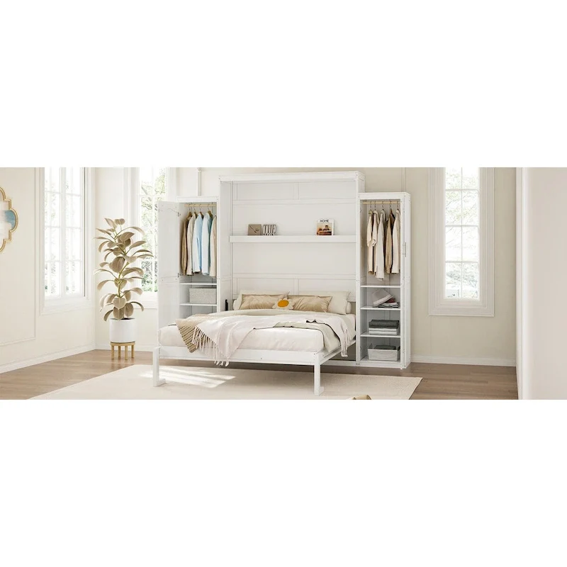 White Queen Size Wall Murphy Bed with 2 Side Wardrobes and Storage Shelf – 1 or 2 Person