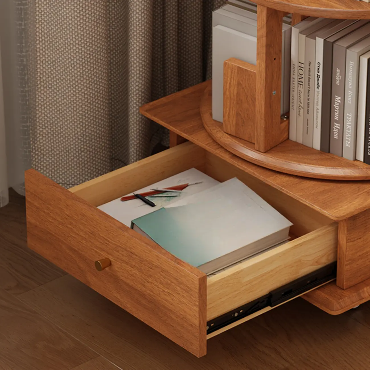 Cylindrical Movable 360° Rotating Wooden Bookshelf with Drawer