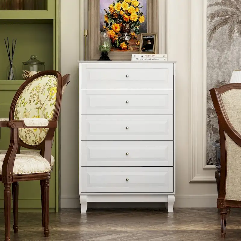 Black 5-Drawer Dresser with Wood Legs