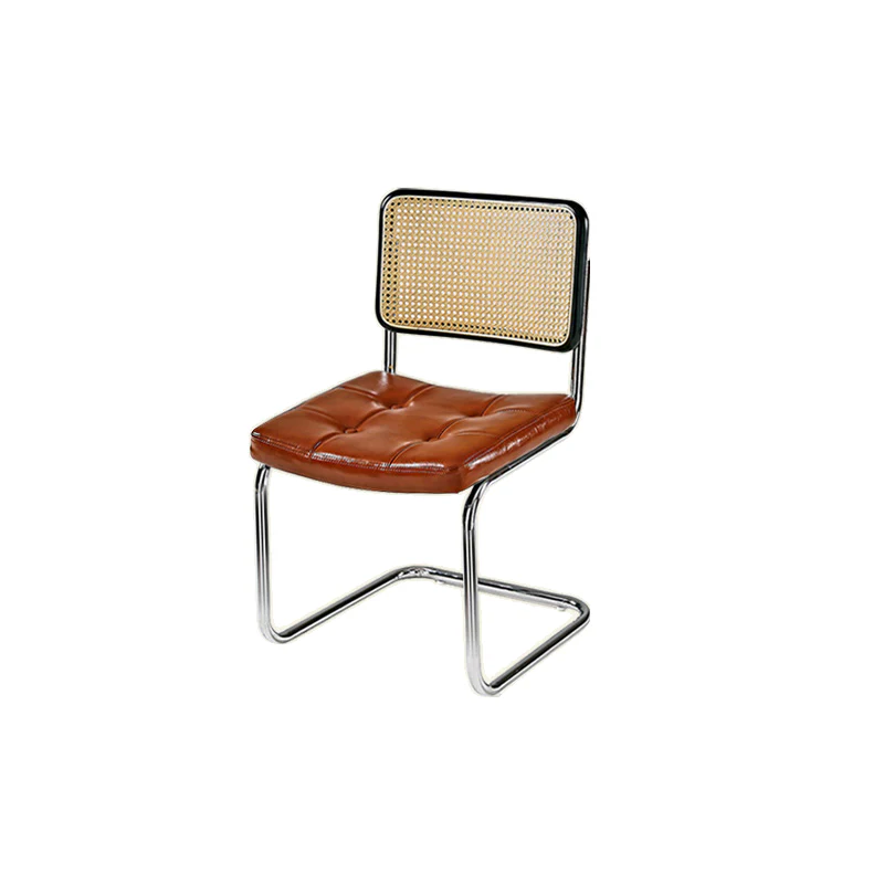 Modern Brown Cantilever Faux Leather Dining Chair Woven Back