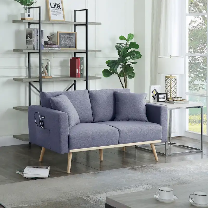 Dark Gray / Light Gray & Natural Mid-Century Linen Loveseat with USB Port, Magazine Pocket & 2 Pillows – Seats 2