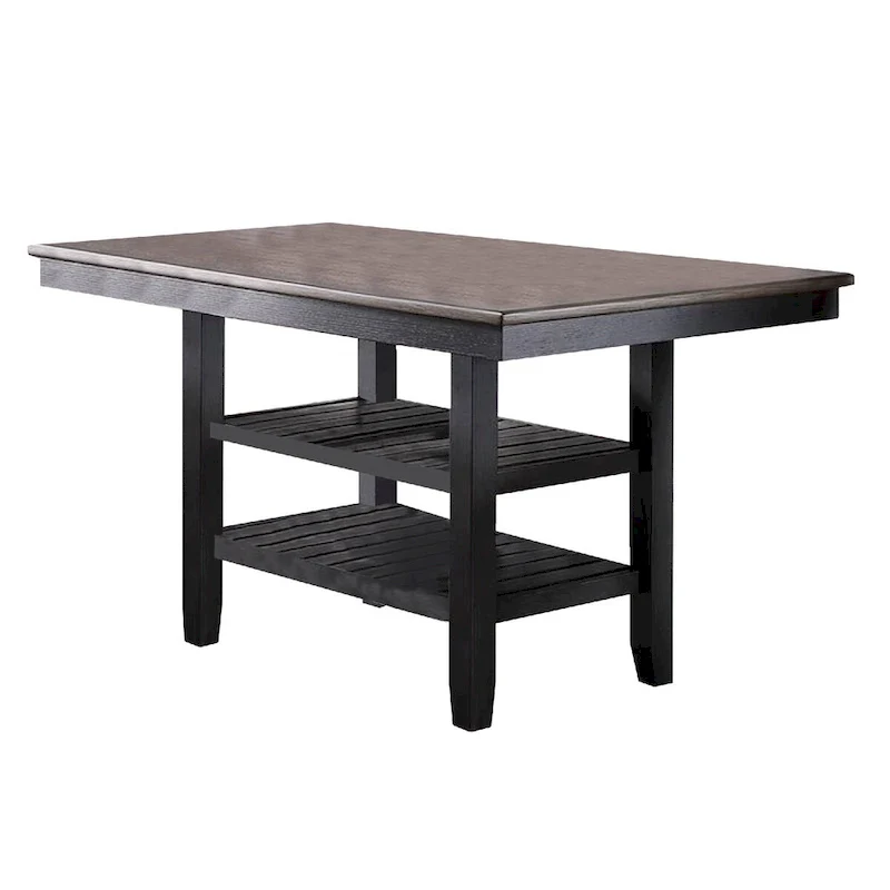 Counter Height Dining Table with 2 Open Shelves – Dark Brown, Rubberwood & MDF, Chamfered Legs