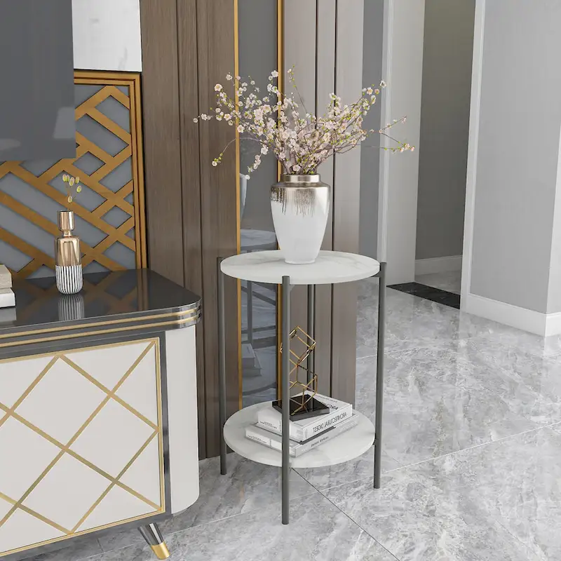 2-Tier Round Marble Side Table with Black Metal Frame