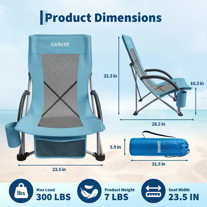 High Beach Chair, Folding Portable Beach Chairs for Adults, Lightweight Extra Wide Seat Chair with Cup Holder, Storage Pocket & Carry Bag for Camping