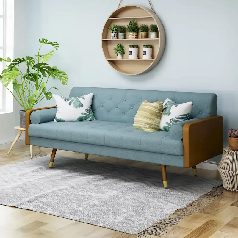 Tufted Fabric Sofa – Beige / Red / Blue / Grey | Mid-Century Modern | Seats 4