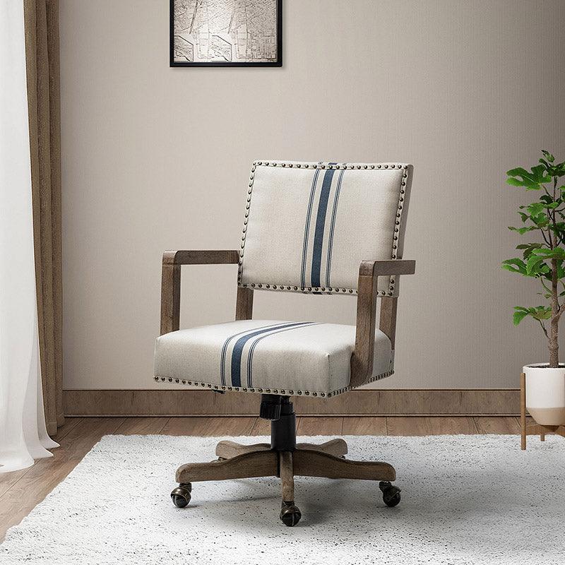 Fabric Swivel Office Chair with Nailhead Trim, Adjustable Height & Solid Wood Base | Linen / Navy | Single Seat