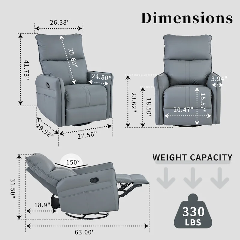 Blue-Gray PU Leather Swivel Glider Rocker Recliner with Pockets, Backrest