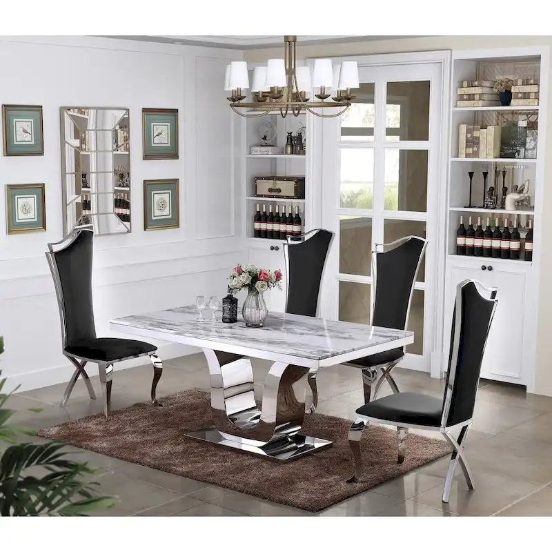 Luxe White Genuine Marble Dining Table with Chairs