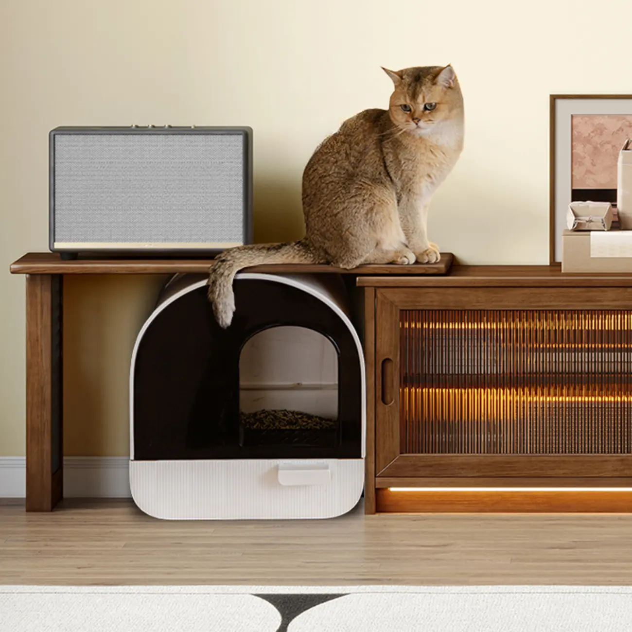 Extendable Long Brown Wood TV Stand with 2 Cabinets