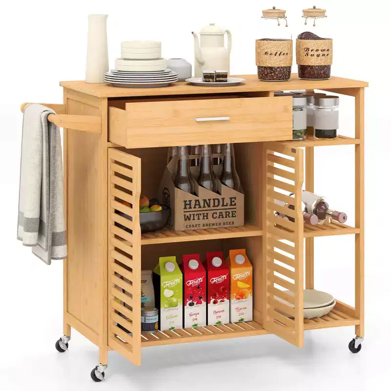Natural Bamboo Kitchen Island Cart with Drawer, Cabinet & Lockable Wheels (1-Person Assembly)