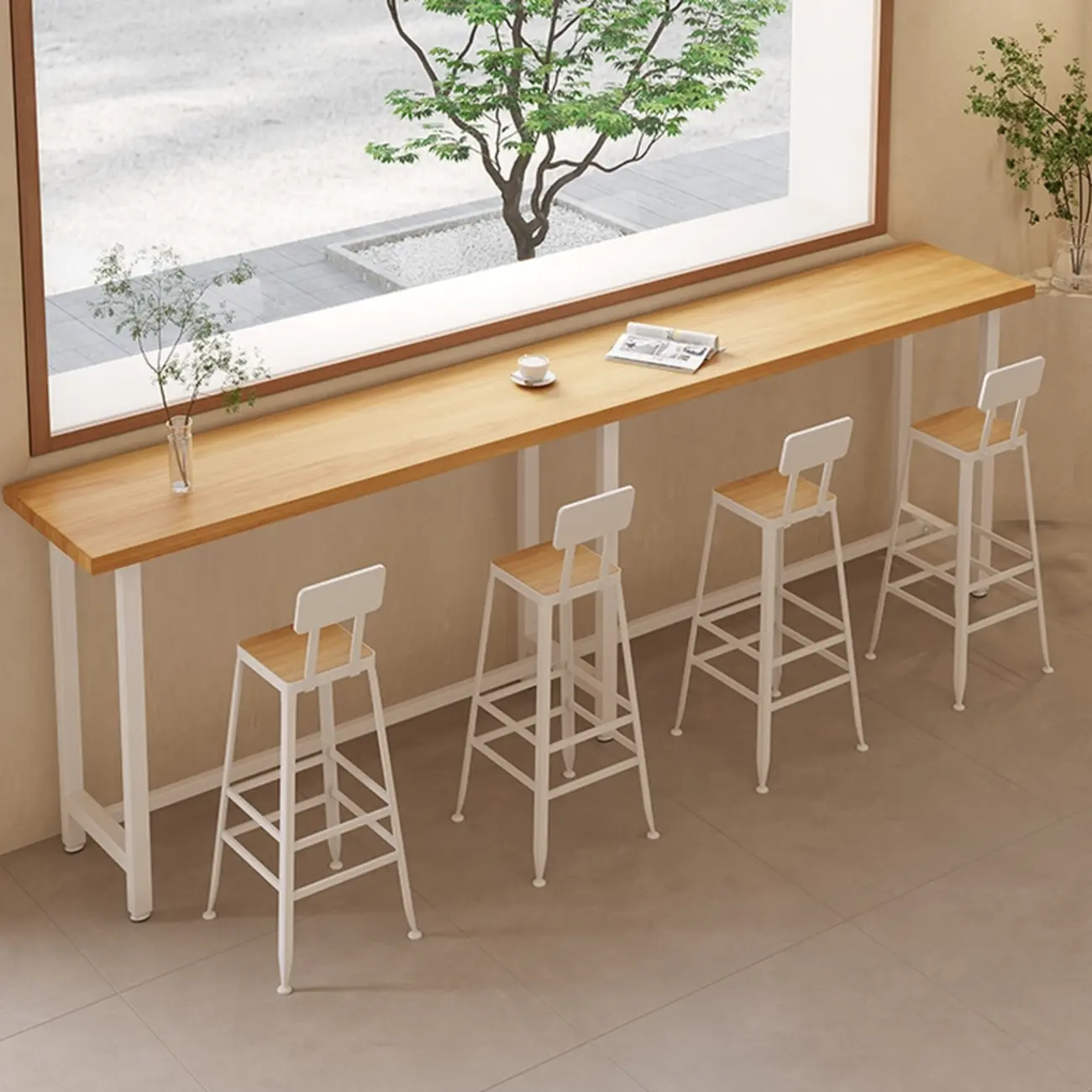 Natural Wooden Top Bar Table Metal Base with Footrest