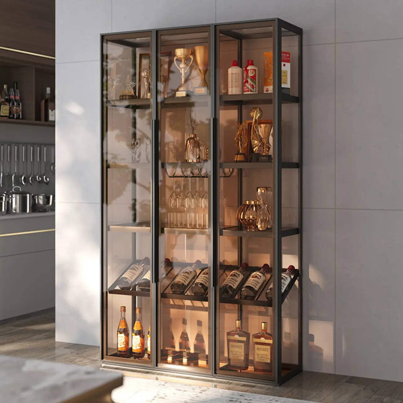 Luxury Multi-Layer Tan Glass Curio Cabinet with Light