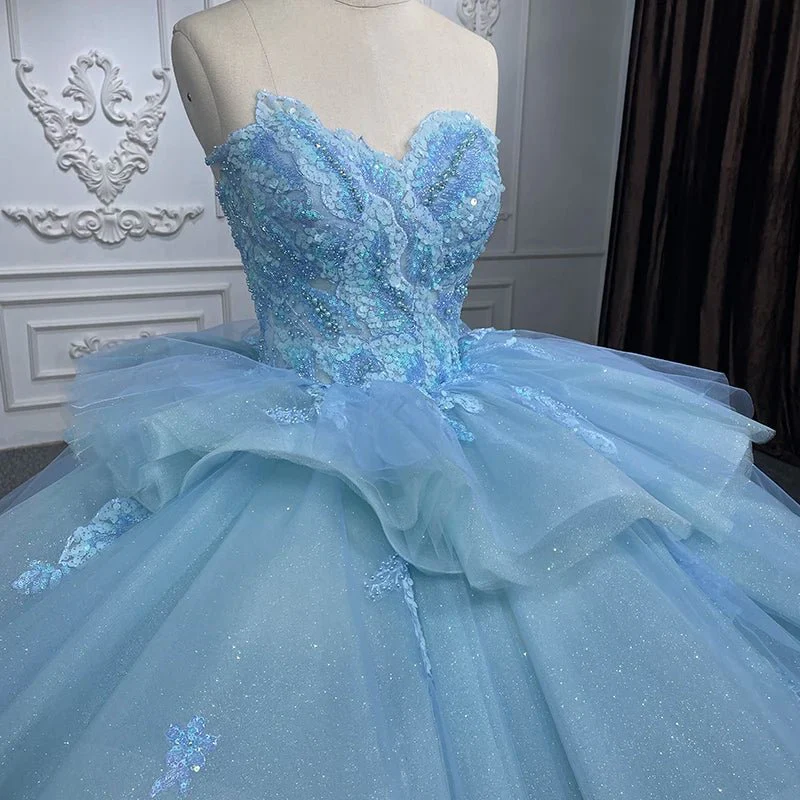 Romantic Princess Sleeveless Quinceanera Dresses Ruffle Strapless Sequins Ball Gown
