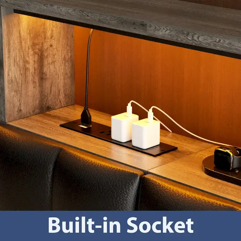 Upholstered Headboard with Hidden Drawer, Head Board with Power Outlet and LED Light