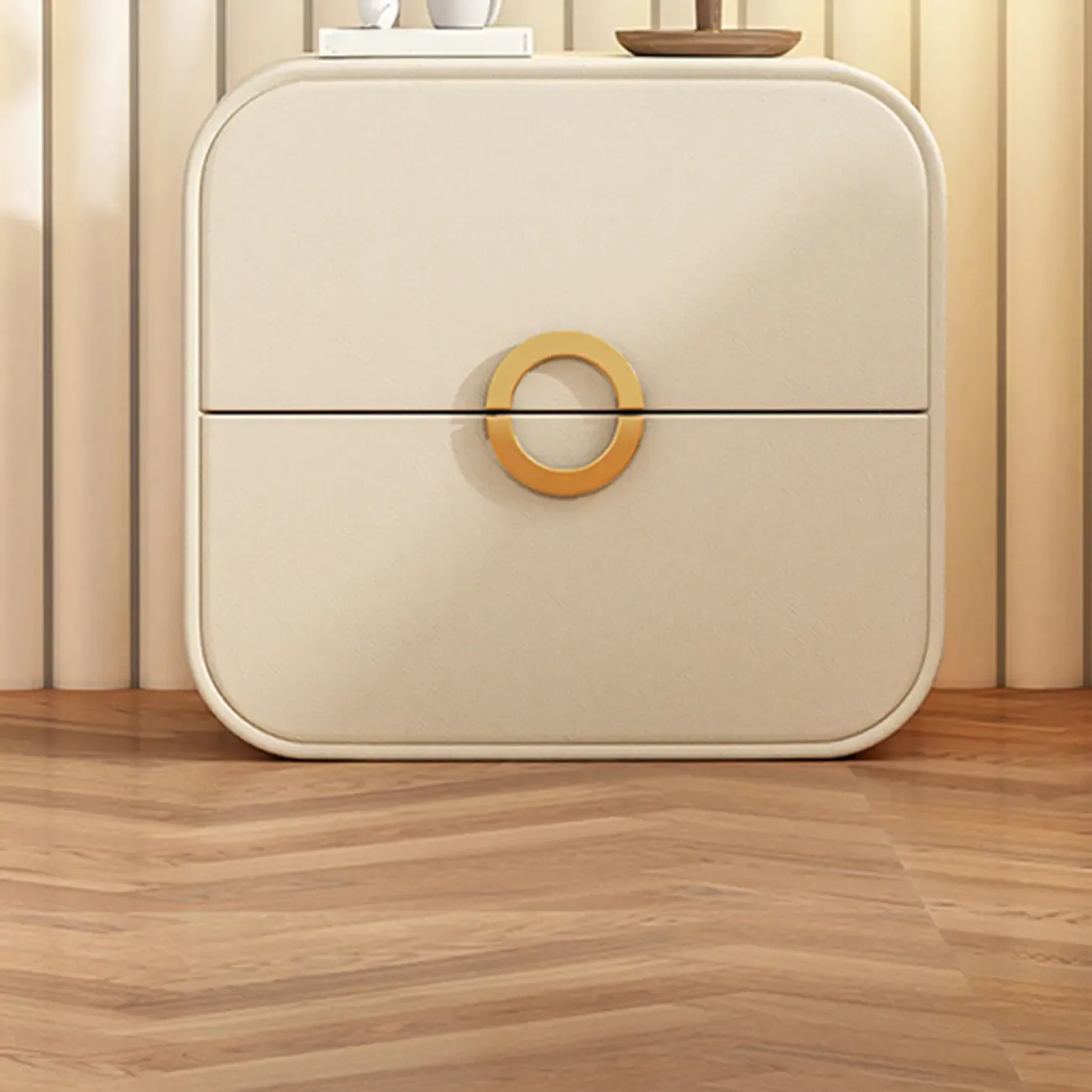 Modern Faux Leather Gold Ring Handle Nightstand with 2 Drawers