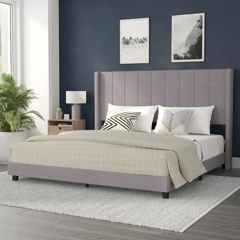 Upholstered Platform Bed with Wingback Headboard