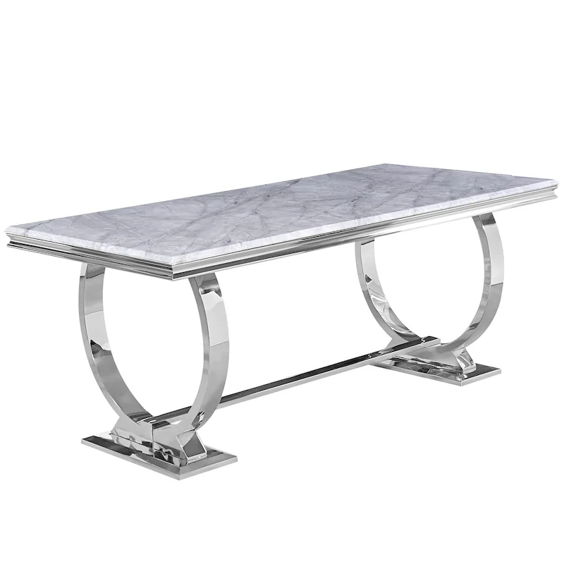 Silver / Black / White Faux Marble Rectangular Dining Table with U-Shape Steel Base (Seats 6)