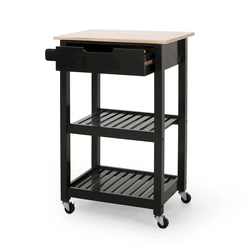 Compact Wooden Kitchen Cart with Wheels Shelves and Drawer by