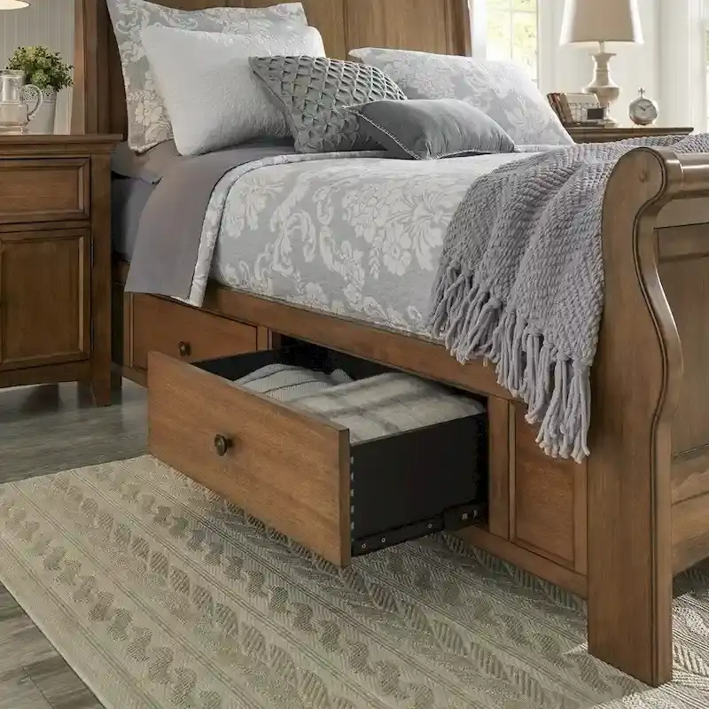Oak / Black / Grey / Sage Green / Berry Red / White – Queen Sleigh Storage Bed, 1 or 2 Drawer Sides, Fits 2