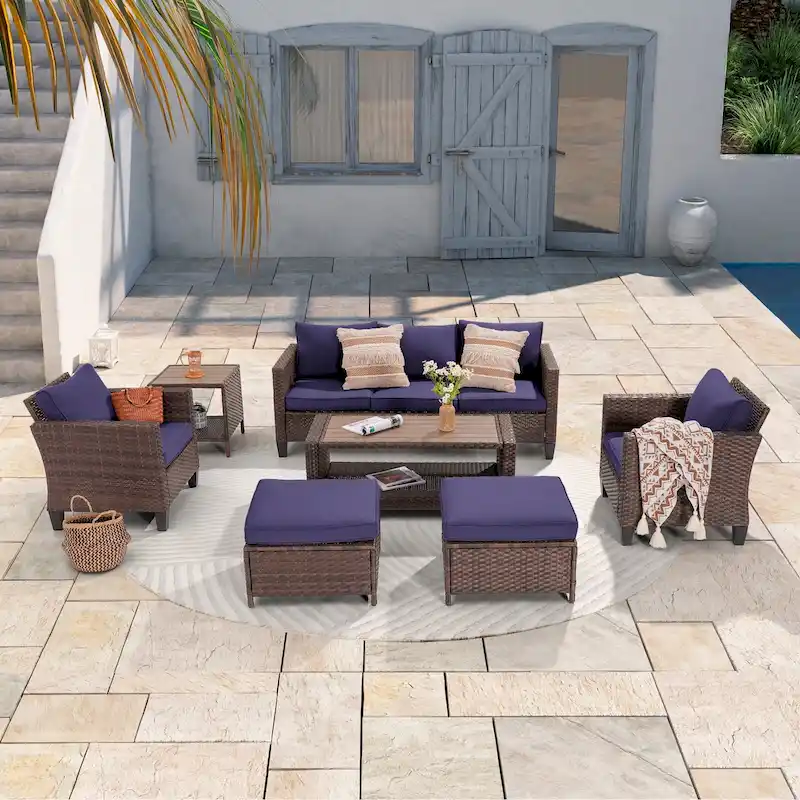 LIVOOSUN Outdoor 7Pcs Furniture Conversation Brown Rattan Sofa Set w/2 Tables