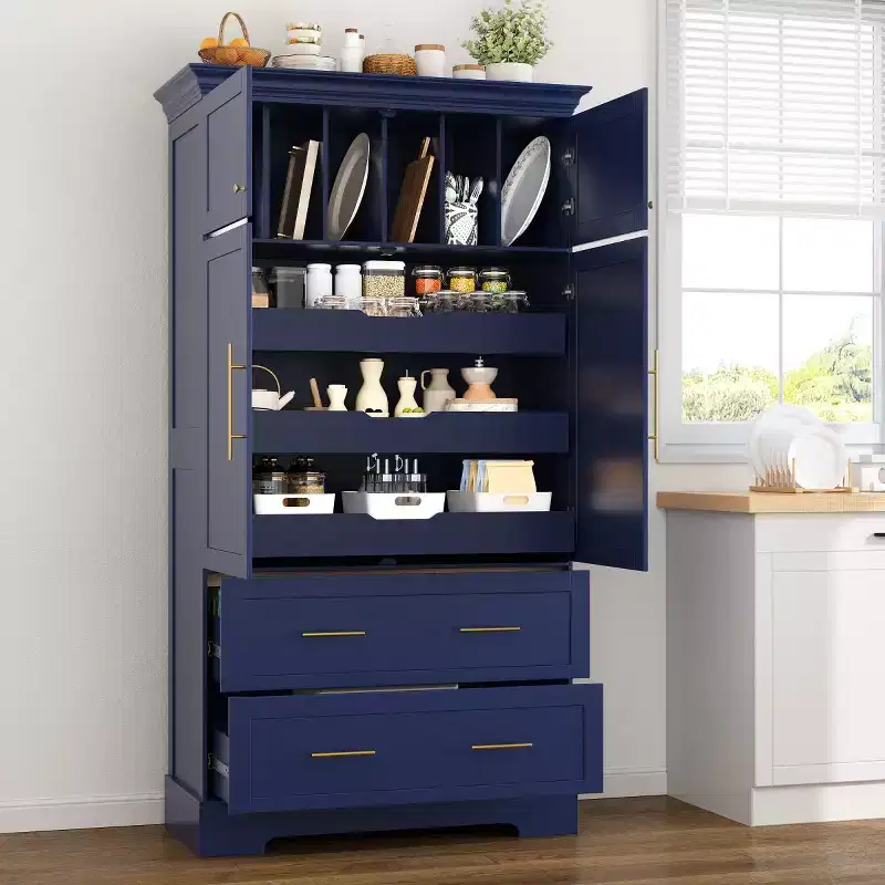 72 Farmhouse Kitchen Pantry Cabinet, Freestanding Dining Storage Cabinet with Drawers, Pull-Out Trays, and Cake Pan Storage-Panipeachy