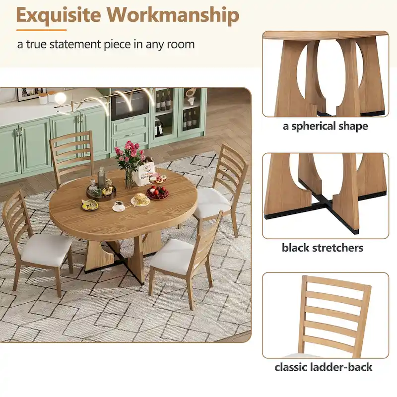 5-Piece Rustic Functional Dining Set, 1 Extendable Table with a 16-inch Leaf and 4 Upholstered Chairs