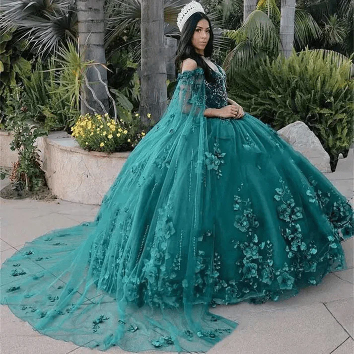 Dark Green Organza Off-the-Shoulder Ball Gown Quinceanera Dress