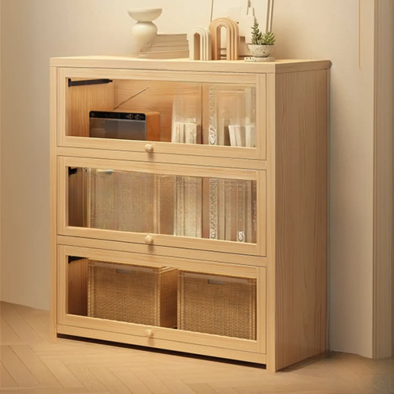 Natural Finish Flip-Top Wooden Bookcase with Glass Doors