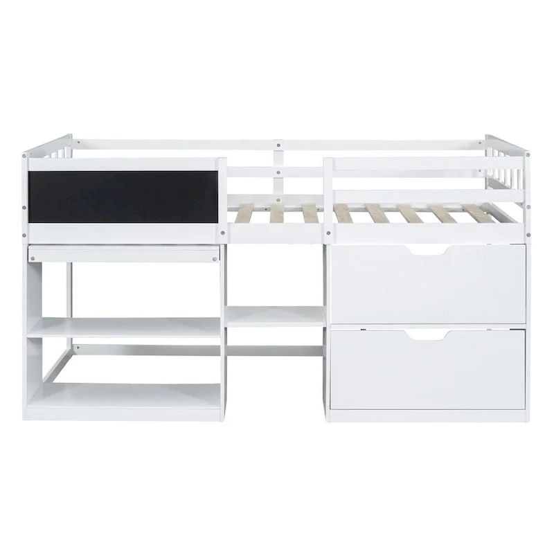 Twin Size Low Loft Bed with Rolling Desk, Blackboard & Storage Drawers