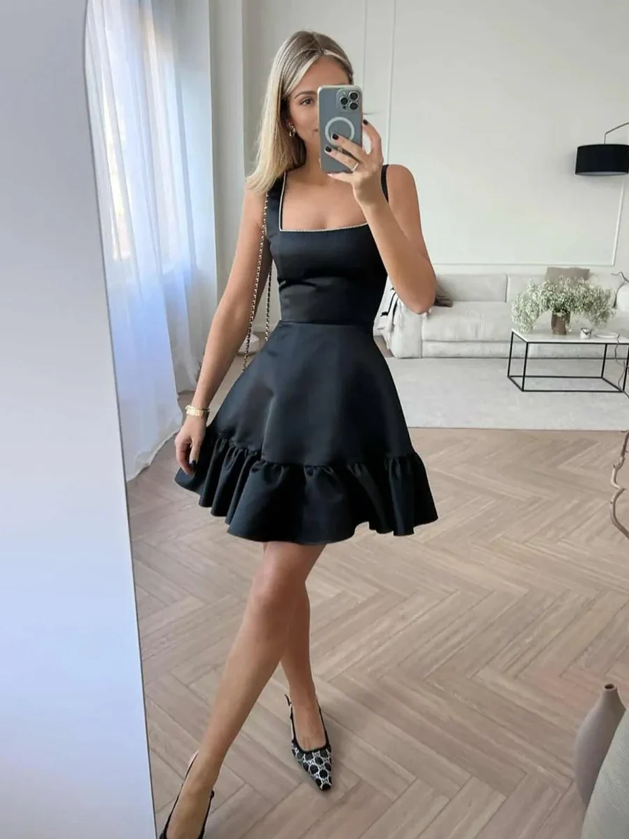 Black - A Line Satin Square Neck Ruffles Short Homecoming Dresses