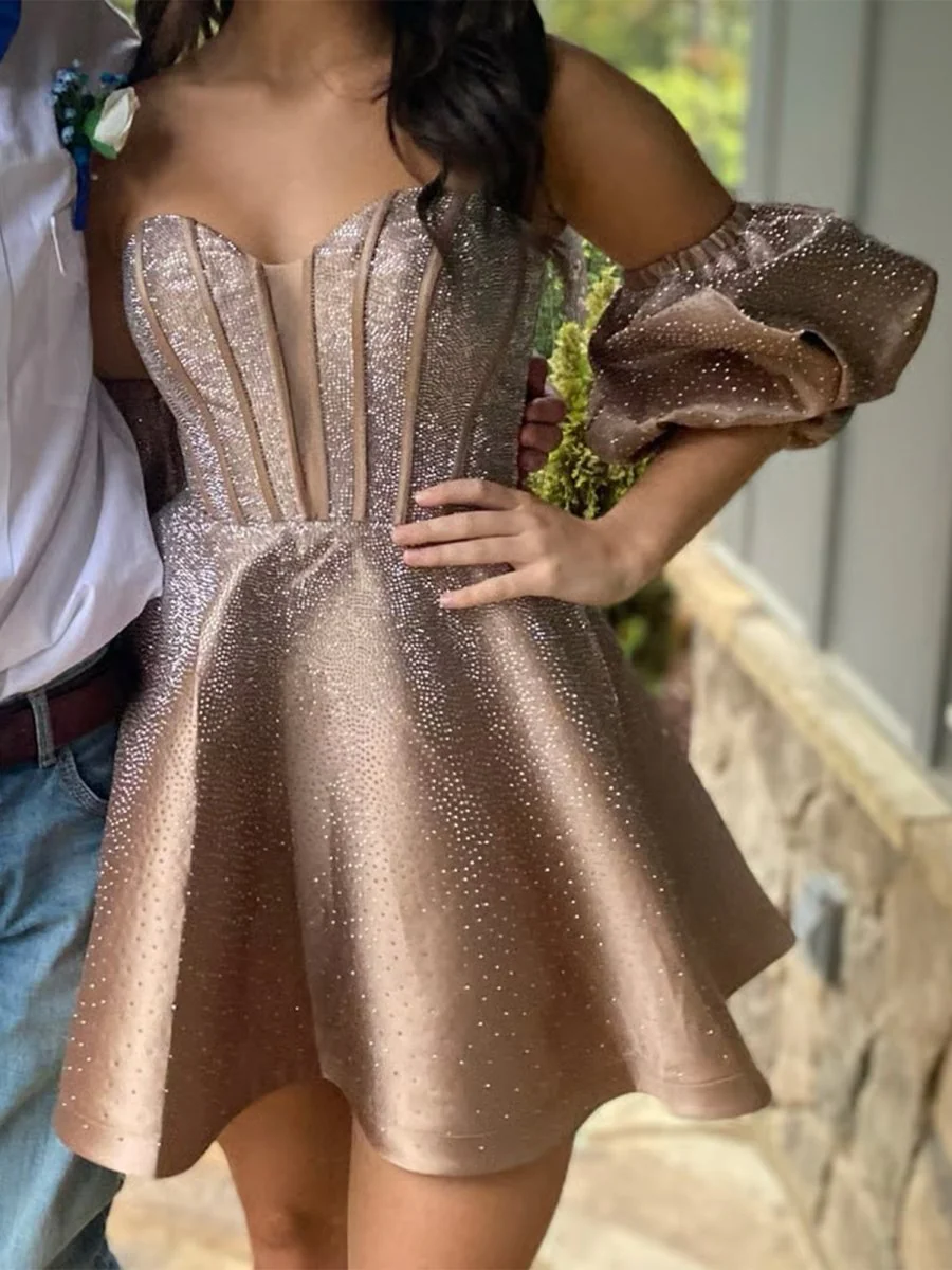 Champagne - A Line Strapless Blue Satin Short Homecoming Dresses with Beading