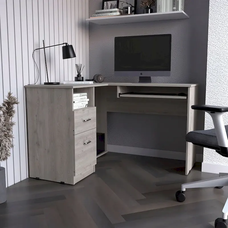 L-Shaped Desk with Keyboard Shelf and Storage Drawers