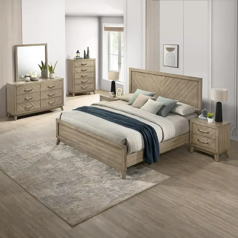 Contemporary Wood Bedroom Set: Panel Bed, Dresser, Mirror, 2 Nightstands, Chest in Antique Gray