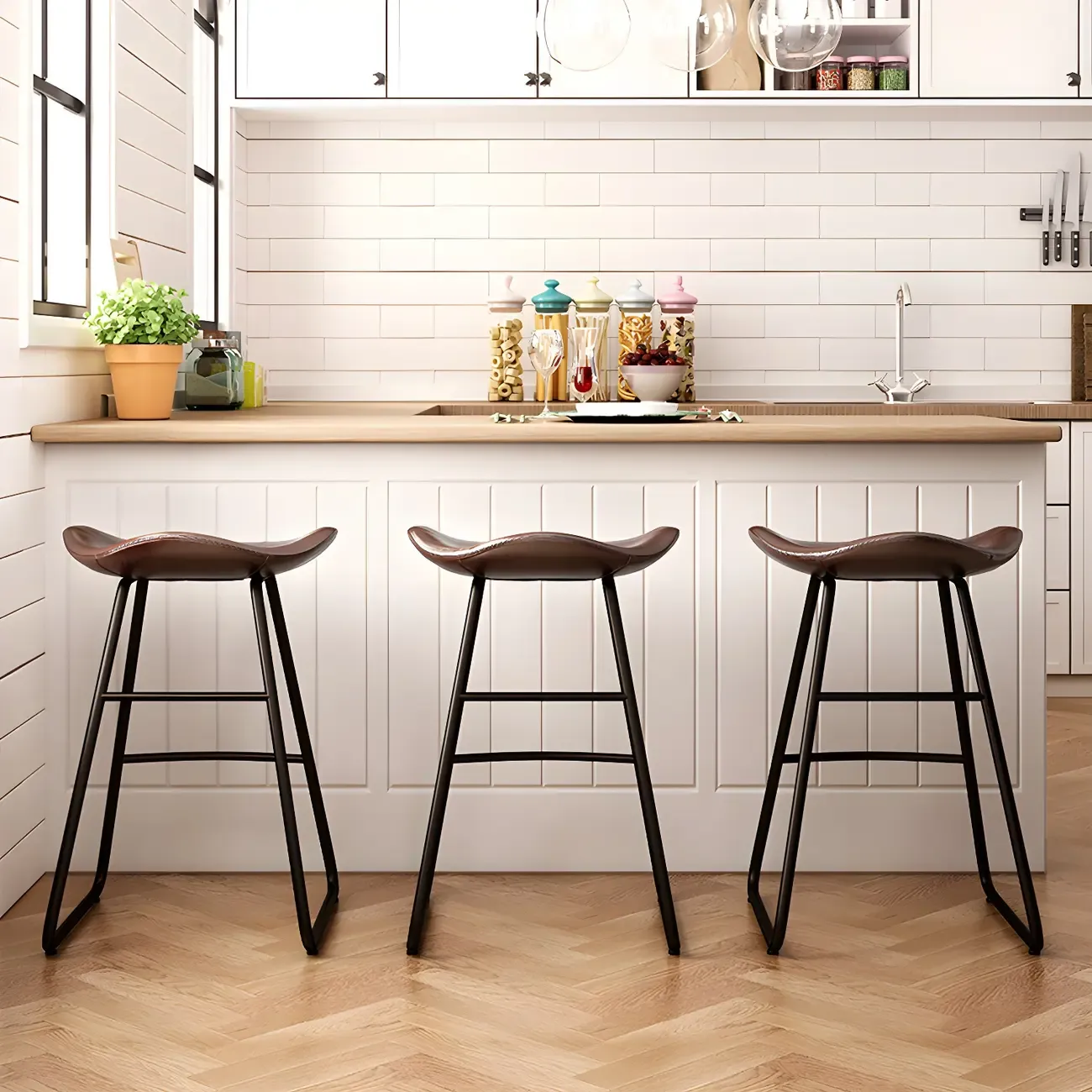Classic Brown Saddle Leather Counter Height Bar Stools