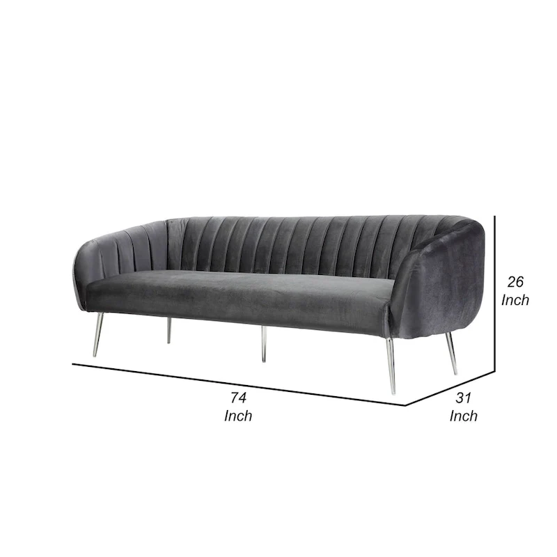 Decy 74 Inch Sofa, Channel Stitched, Cushioned Seat, Gray Velvet, Silver