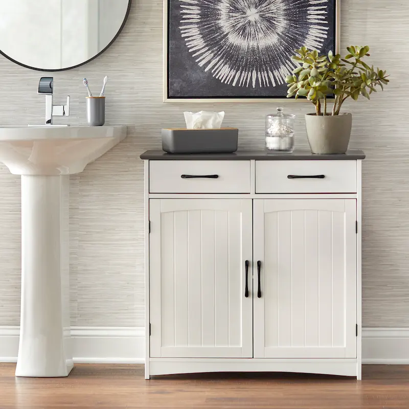 White & Charcoal Grey Double Door Floor Cabinet, 1-Person Use