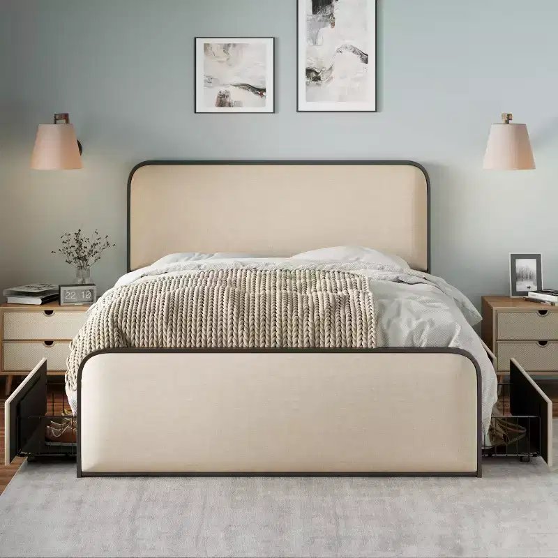 GDFStudio Bavier Modern Linen Upholstered Metal Bed Frame with 4 Storage Drawers